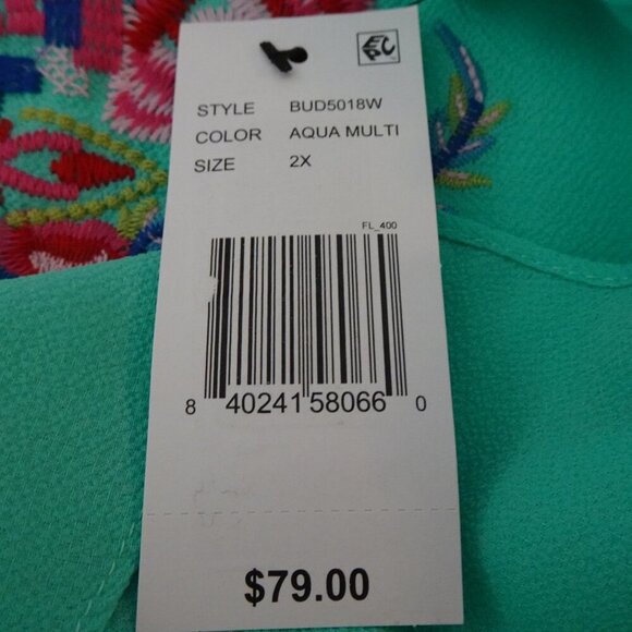 Calessa Embroidered Tunic Top Women's Plus Size 2X Blue Aqua Loose Fit V-Neck - Picture 10 of 10